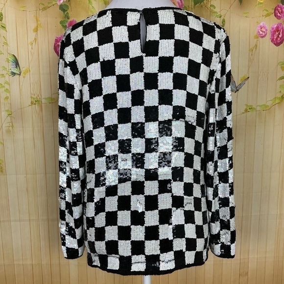 VINTAGE Black and White Checkered Silk Top Size L - Picture 2 of 12